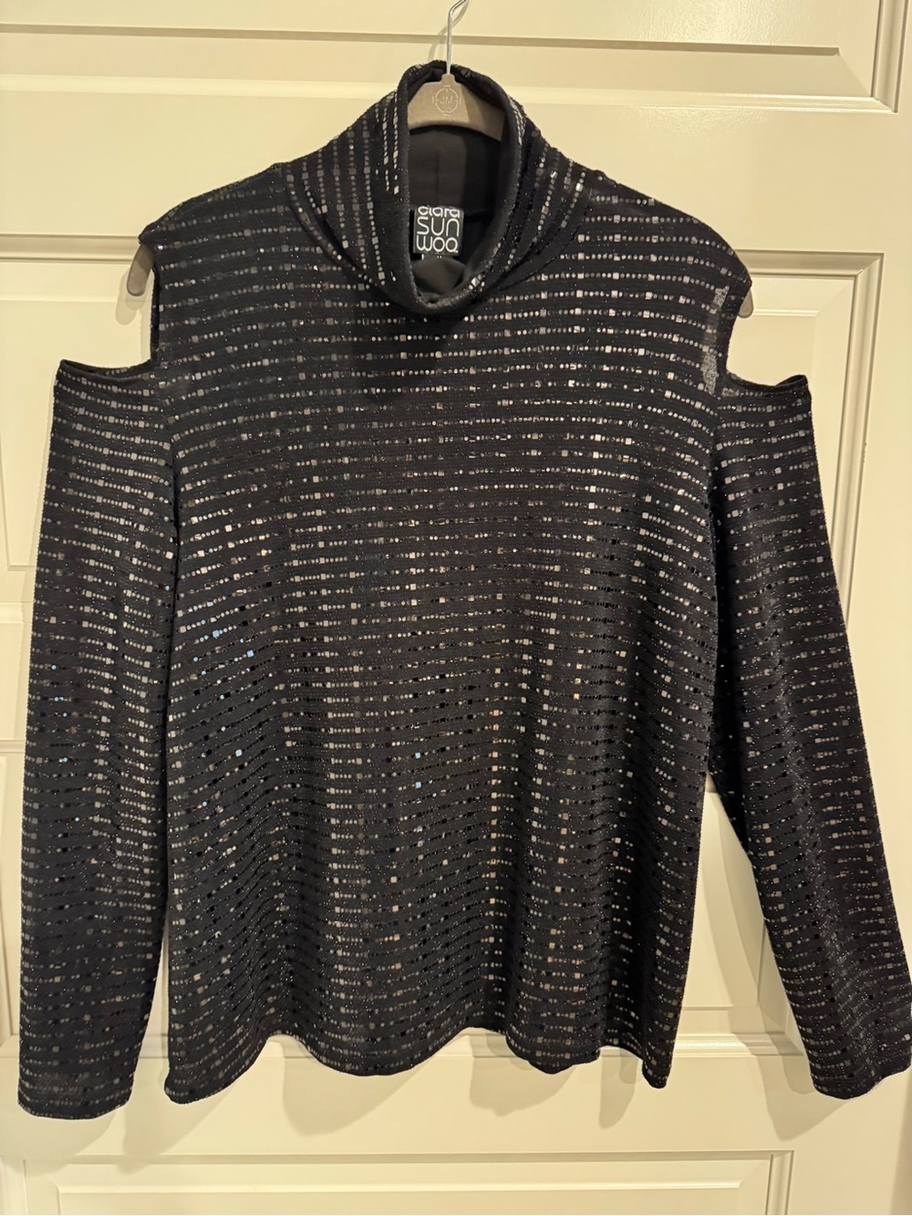 Clara Sun Woo Black Sparkle Cold-Shoulder Turtleneck